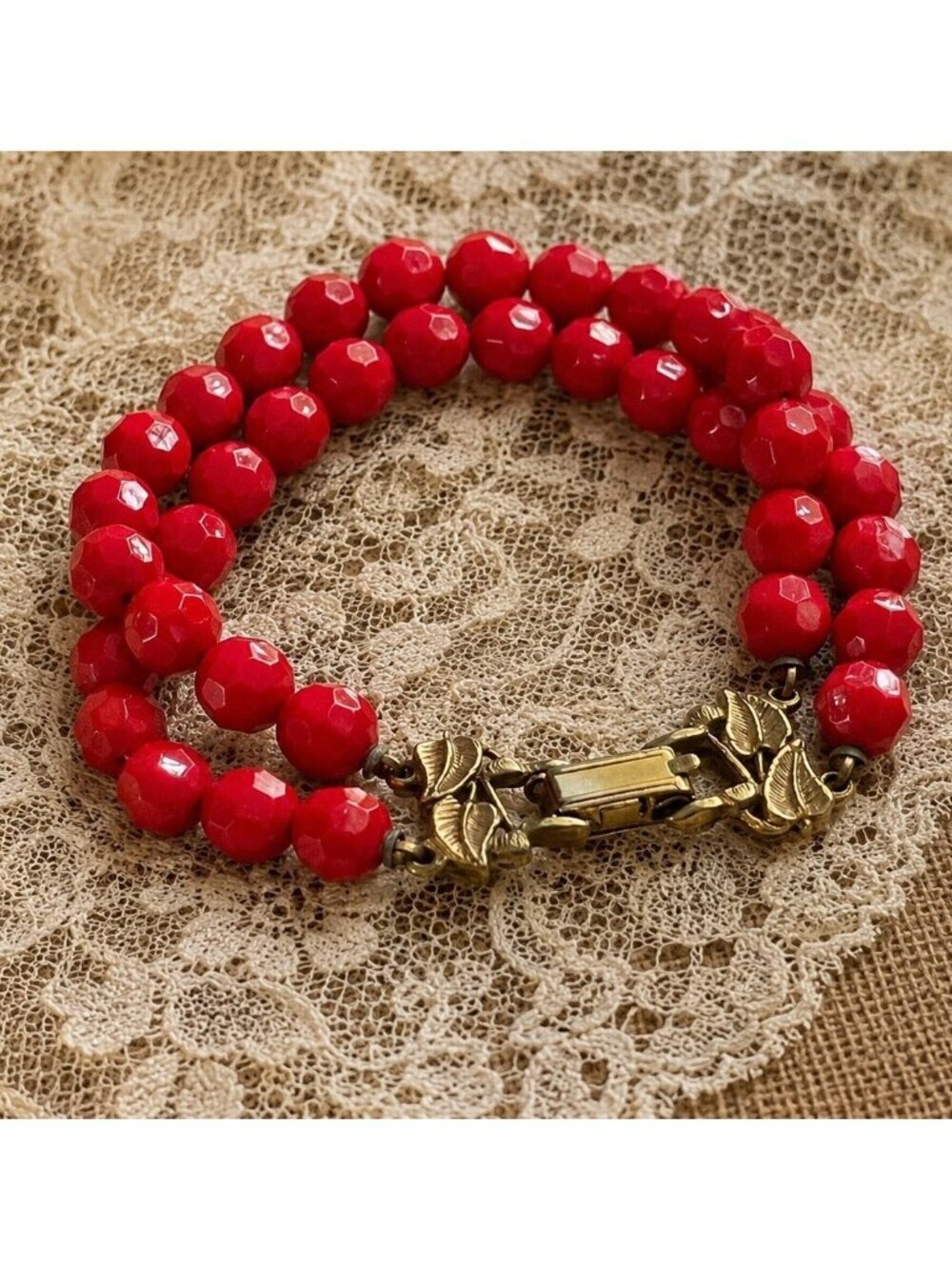 Vintage Red Beaded Double Strand Bracelet Faceted Glass Gold Tone Leaf Clasp